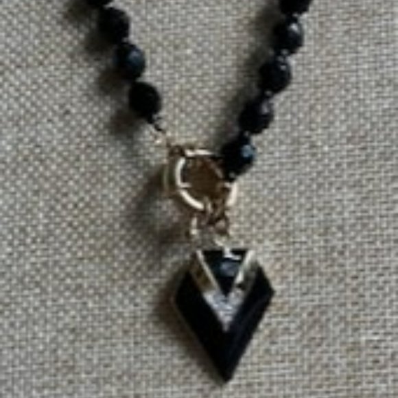 Black Gold Crystal Art Deco Triangle Beaded Pendant - Picture 2 of 4